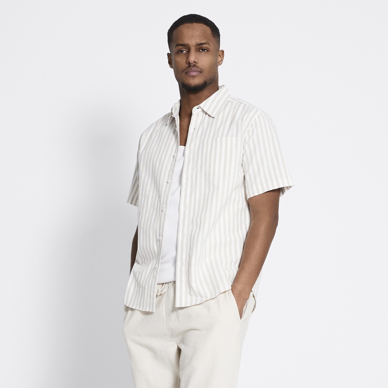 Short sleeve linen blend shirt "Isak Stripe" Light Beige